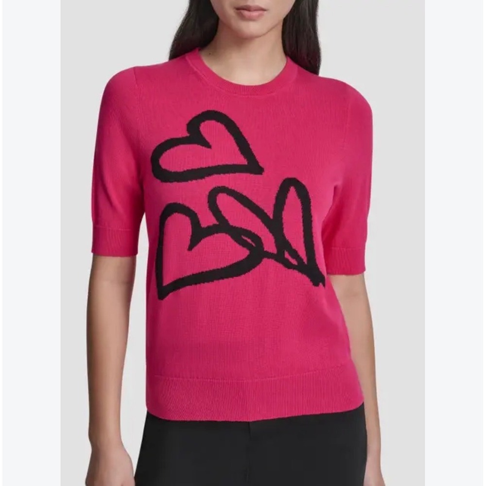 DKNY Pink Hearts Graffiti Short Sleeve Sweater – Women's Small – NWT